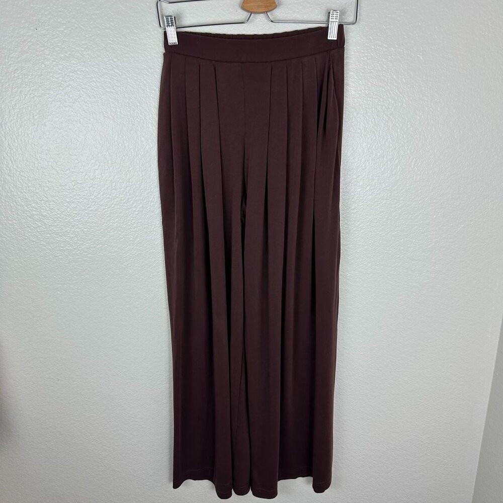 Oysho Straight Leg High Waist Pleated Pants XS Brown Pull On Stretch Lounge Casu